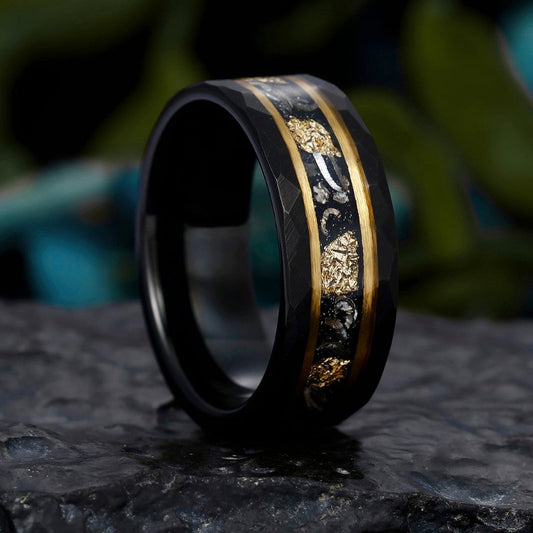 8mm Tungsten Wedding Band with Black Meteorite and Gold Foil Inlay - Hammered Finish Promise Ring for Special Occasions - anerjuly