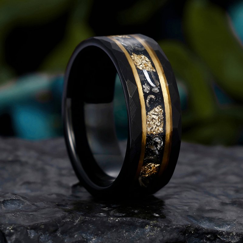 His Ring - Hammered Tungsten Wedding Band with Black Meteorite & Gold Foil Inlay