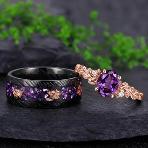 Vintage Leaf Branch Amethyst and Hammered Damascus Steel Couple Ring Set with Gold Foil Inlay - Couple Rings