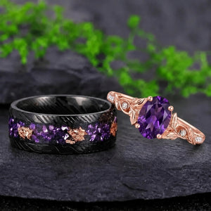 Botanical Vine Oval Amethyst and Damascus Steel Couple Ring Set - Couple Rings