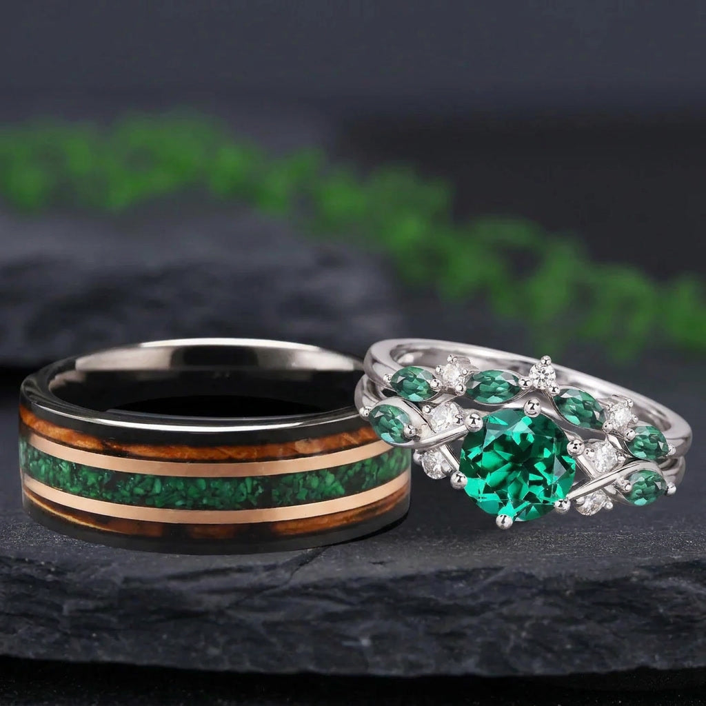 Leaf & Vine Round Emerald and Black Tungsten Couple Ring Set with Green Malachite Inlay - Couple Rings
