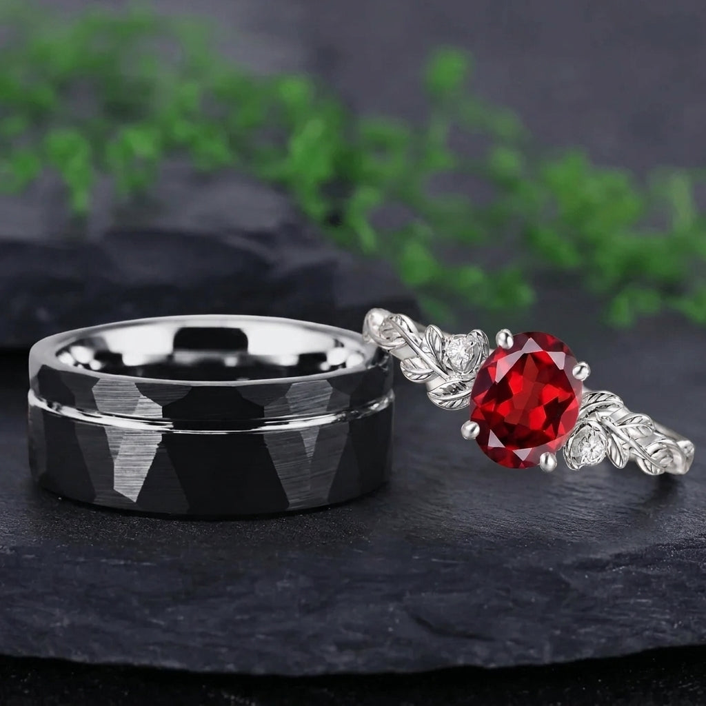 Vintage Leaf Branch Red Garnet and Two-Tone Black & Brushed Silver Tungsten Couple Ring Set - Couple Rings
