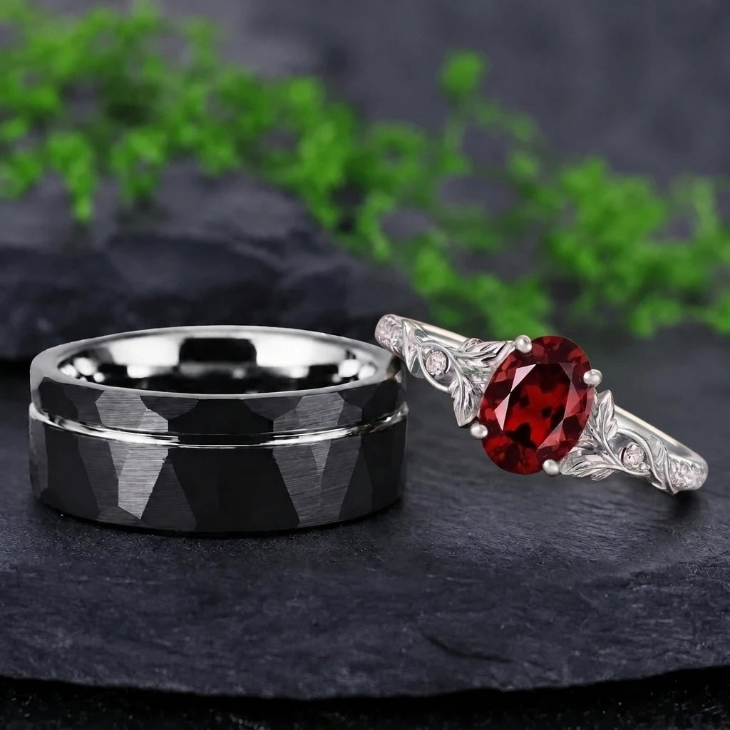 Botanical Leaf Oval Red Garnet and Black Brushed Tungsten Couple Ring Set - Couple Rings