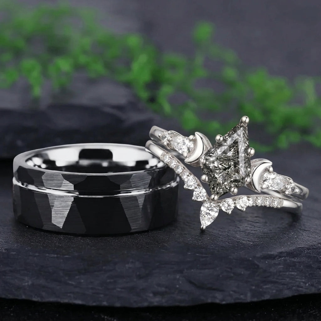 Crescent Moon Kite Rutilated Quartz and Two-Tone Tungsten Couple Ring Set - Couple Rings