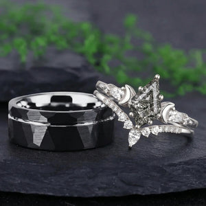 Crescent Moon Kite Rutilated Quartz and Two-Tone Tungsten Couple Ring Set - Couple Rings