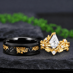 Vintage Kite Cut Moissanite and Black Tungsten Couple Ring Set with Meteorite Inlay - Couple Rings