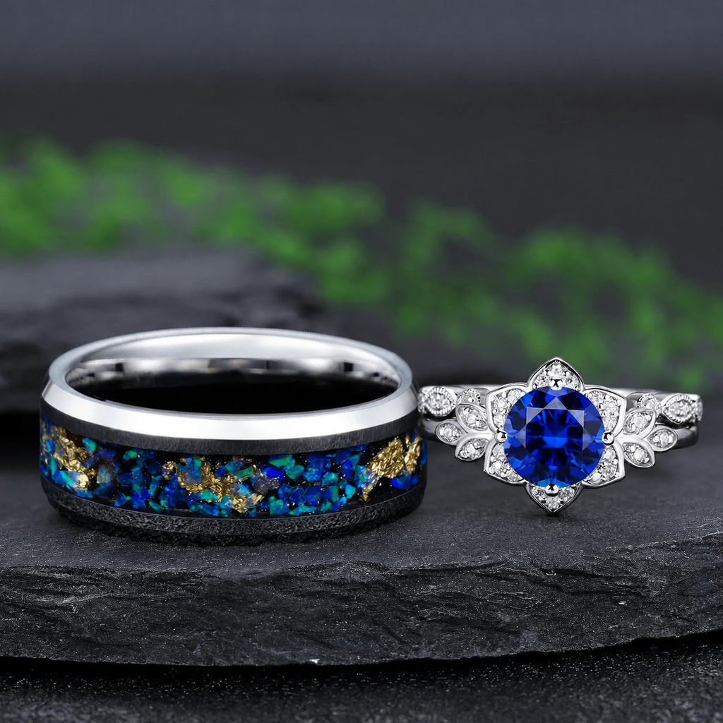 Floral Cluster Blue Sapphire and Silver Tungsten Couple Ring Set with Aurora Opal Inlay - Couple Rings