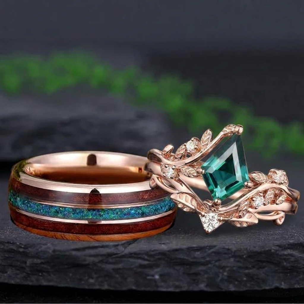 Art Deco Kite Cut Emerald and Glossy Tungsten Couple Ring Set with Peacock Blue Opal Inlay - Couple Rings