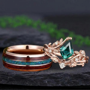 Art Deco Kite Cut Emerald and Glossy Tungsten Couple Ring Set with Peacock Blue Opal Inlay - Couple Rings