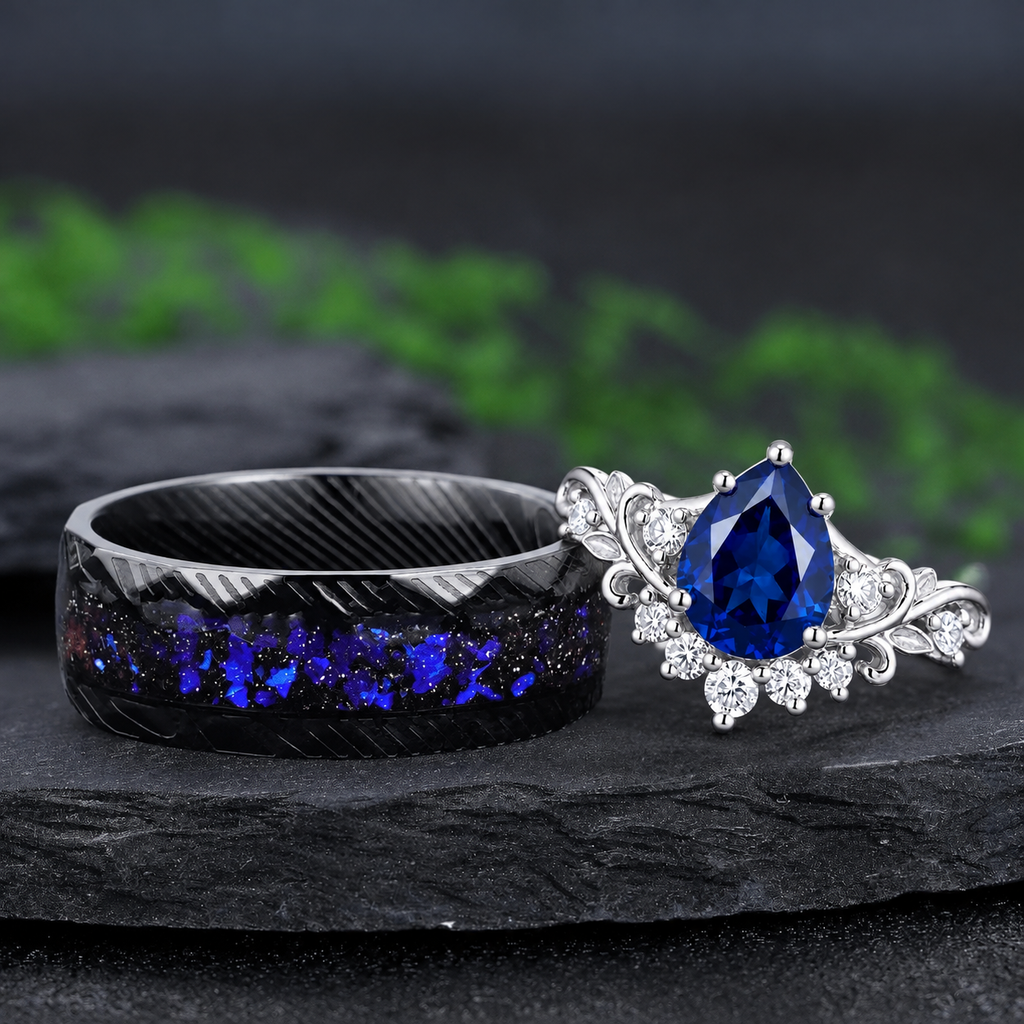 Vintage Pear Blue Sapphire and Black Tungsten Couple Ring Set with Galaxy Opal Inlay - Couple Rings
