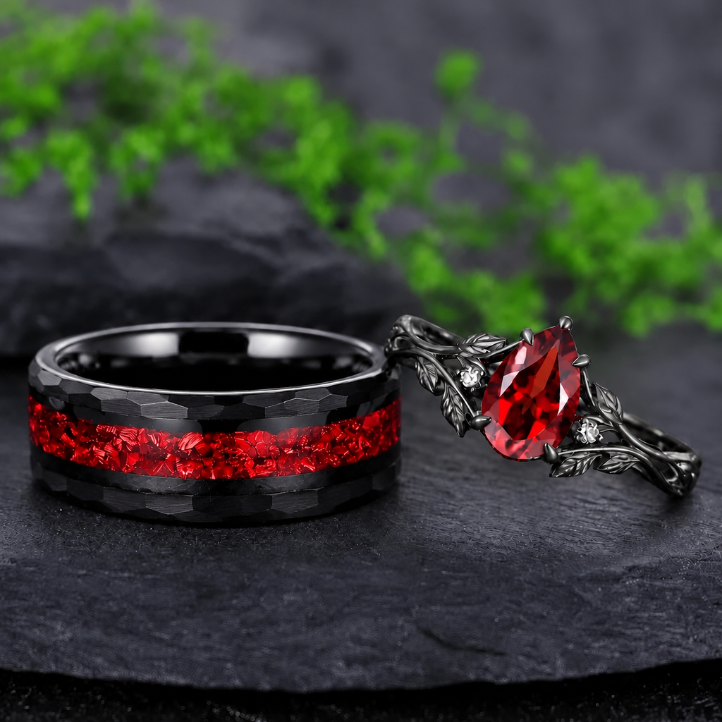 Nature Inspired Pear Red Garnet and Hammered Black Tungsten Couple Ring Set with Ruby Inlay - Couple Rings