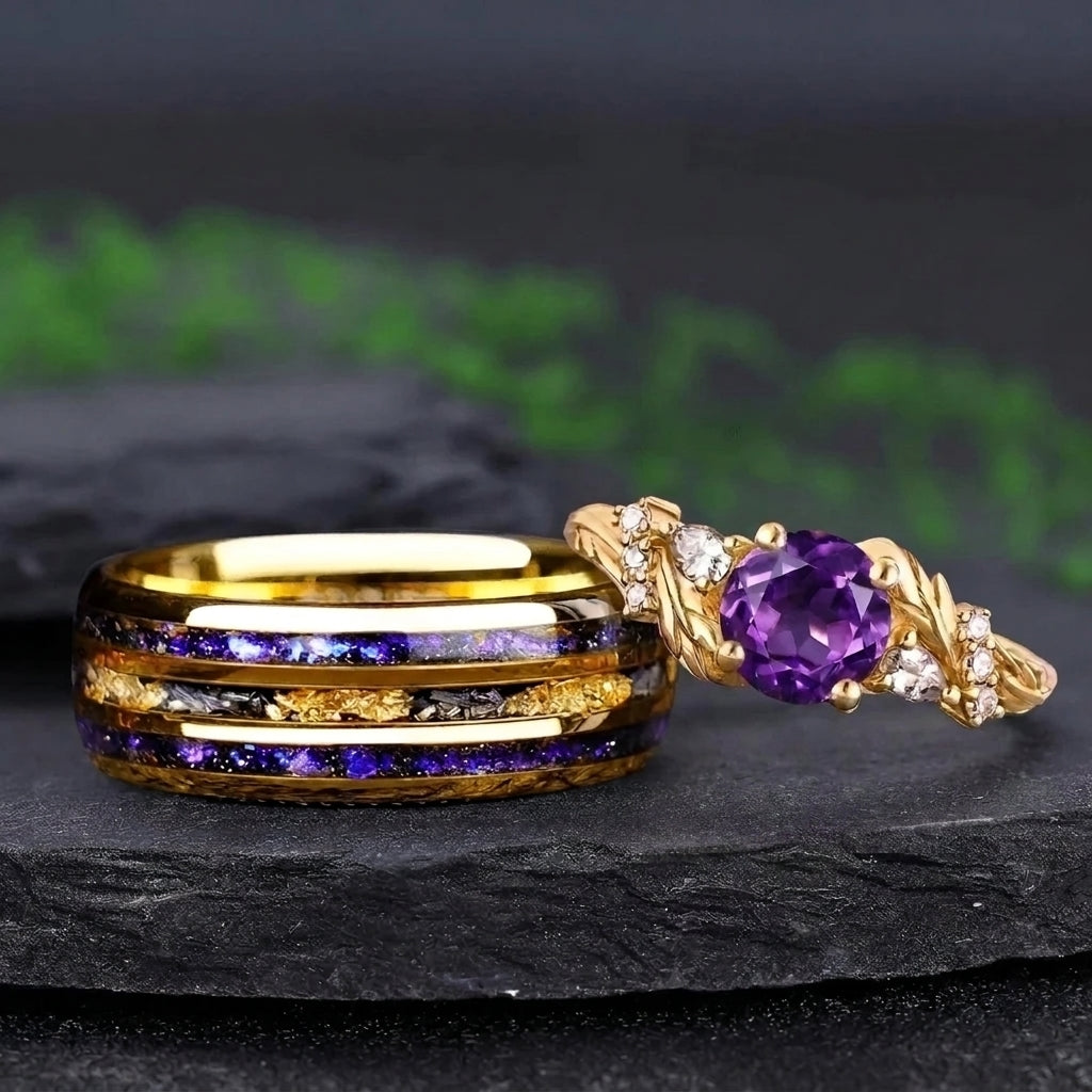 Vintage Twisted Leaf Amethyst and Gold Tungsten Couple Ring Set with Purple Nebula Inlay - Couple Rings