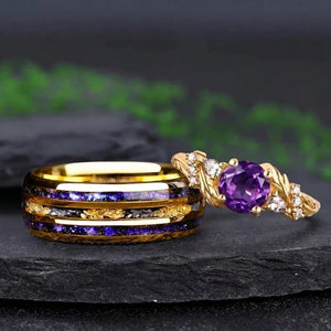 Vintage Twisted Leaf Amethyst and Gold Tungsten Couple Ring Set with Purple Nebula Inlay - Couple Rings