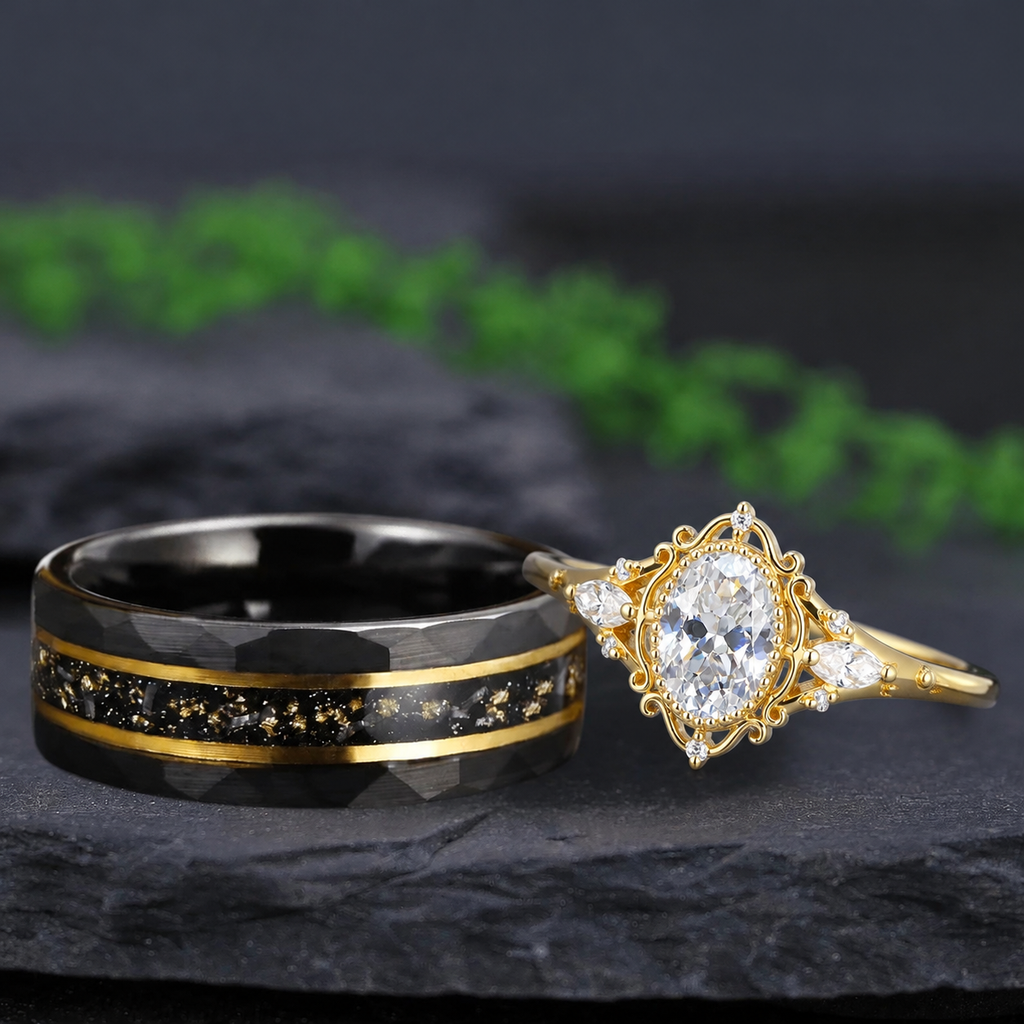 Vintage Milgrain Oval White Moissanite and Black Tungsten Couple Ring Set with Gold Foil Inlay - Couple Rings