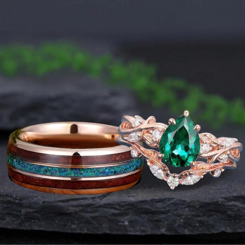 Pear Emerald and Rose Gold Tungsten Couple Ring Set with Wood & Turquoise Inlay - Couple Rings