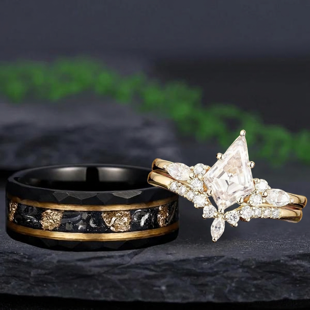 Kite Cut White Moissanite and Hammered Tungsten Couple Ring Set with Meteorite Inlay - Couple Rings