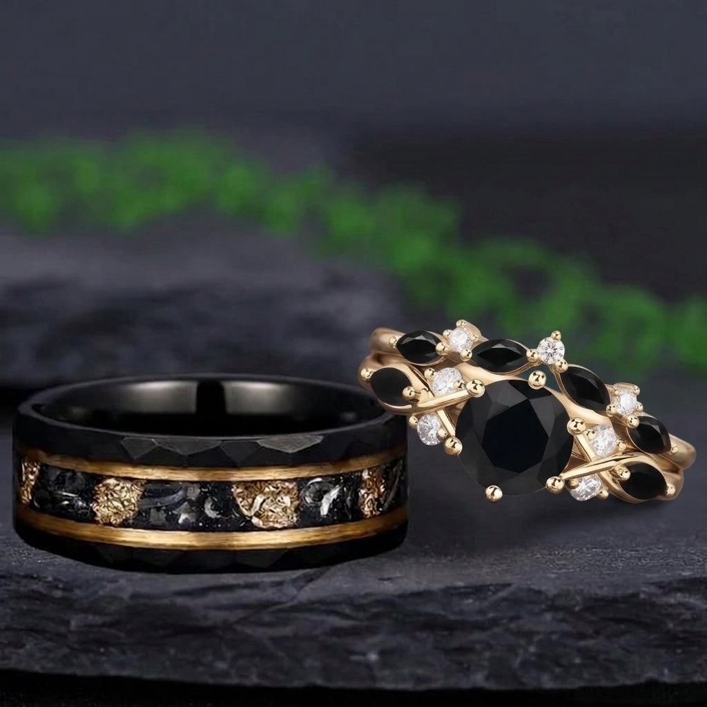 Vintage Leaf & Vine Black Onyx and Hammered Tungsten Couple Ring Set with Meteorite Inlay - Couple Rings