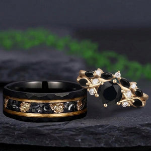 Vintage Leaf & Vine Black Onyx and Hammered Tungsten Couple Ring Set with Meteorite Inlay - Couple Rings