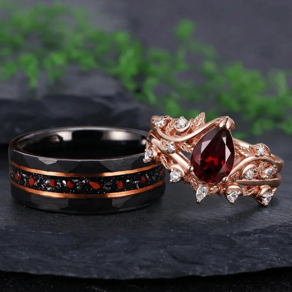 Black Gold Twig Pear Red Garnet and Faceted Black Tungsten Couple Ring Set - Couple Rings
