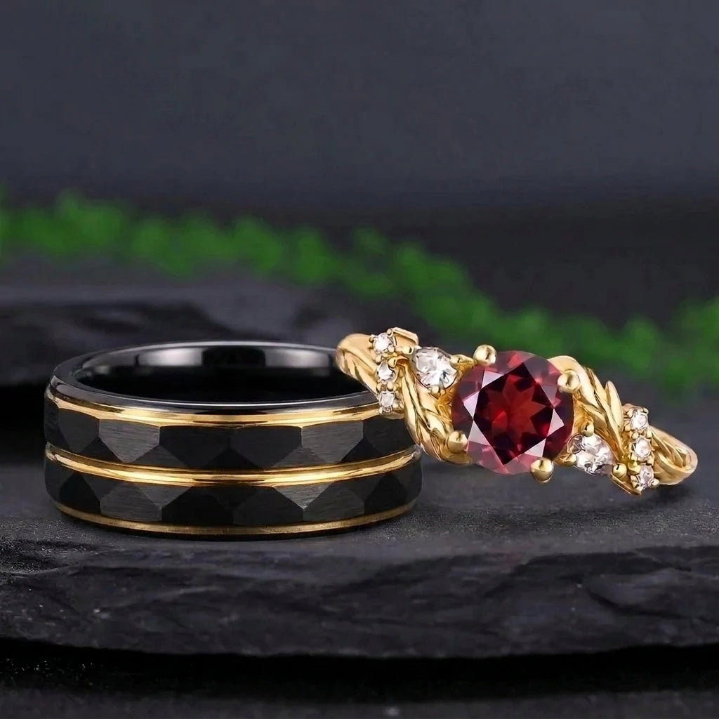 Vintage Yellow Gold Twisted Leaf Red Garnet and Faceted Black Tungsten Couple Ring Set - Couple Rings