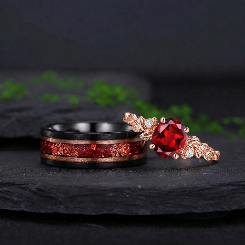 Vintage Leaf Branch Red Garnet and Black Tungsten Couple Ring Set with Red Fire Opal Inlay - Couple Rings