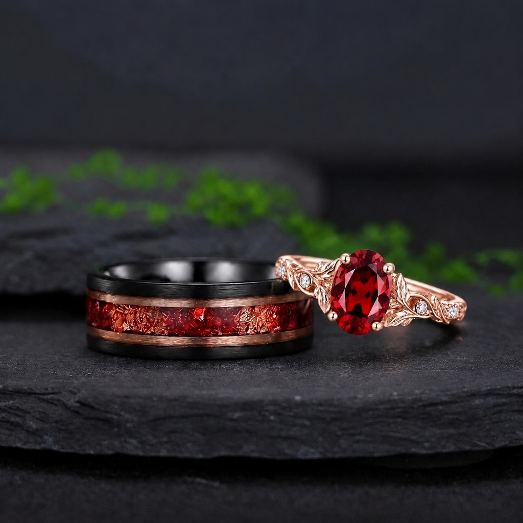 Botanical Leaf Oval Red Garnet and Black Tungsten Couple Ring Set with Red Fire Opal Inlay - Couple Rings