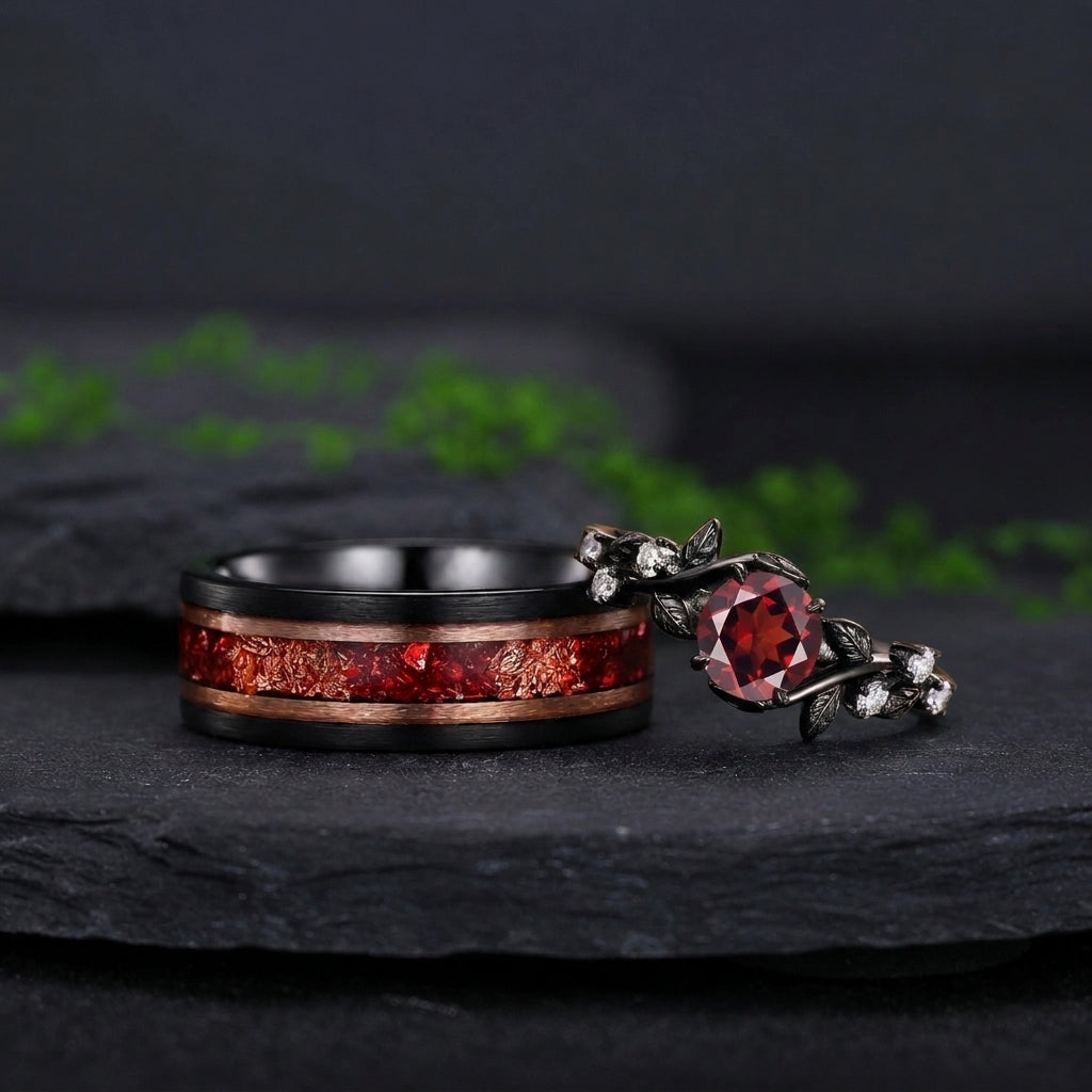 Gothic Floral Vine Red Garnet and Black Tungsten Couple Ring Set with Red Fire Opal Inlay - Couple Rings