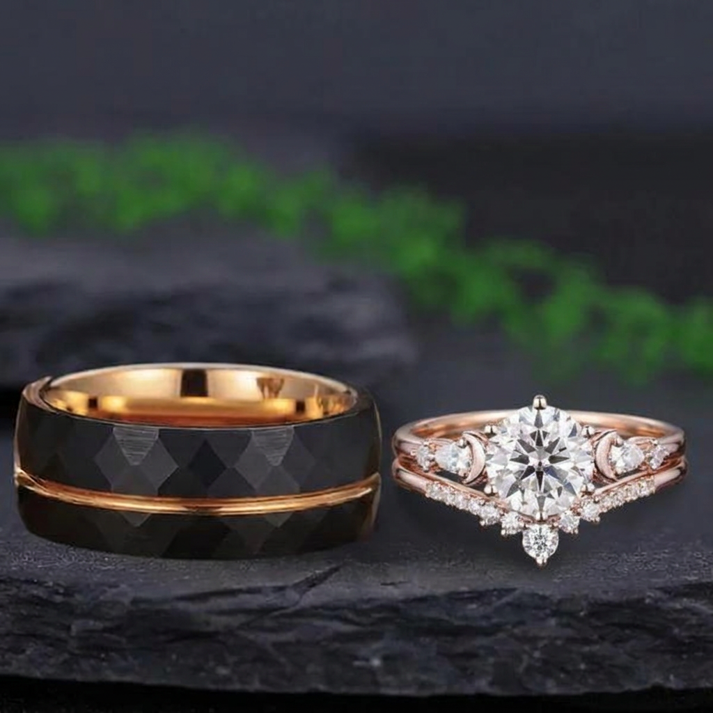 Vintage Cluster White Moissanite and Rose Gold Tungsten Couple Ring Set - Couple Rings