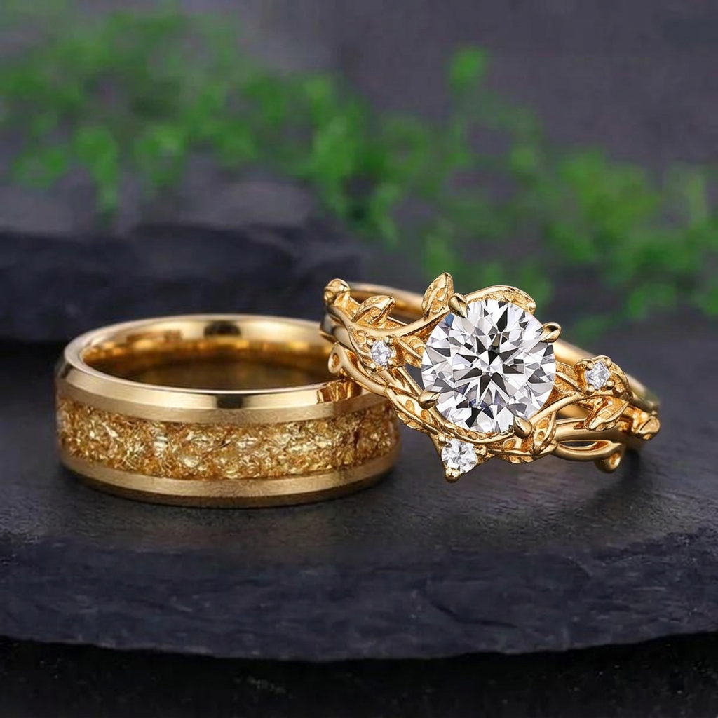 Leaf & Vine Round Cut White Moissanite and Hammered Gold Tungsten Ring with Textured Gold Foil Inlay Couple Ring Set - Couple Rings