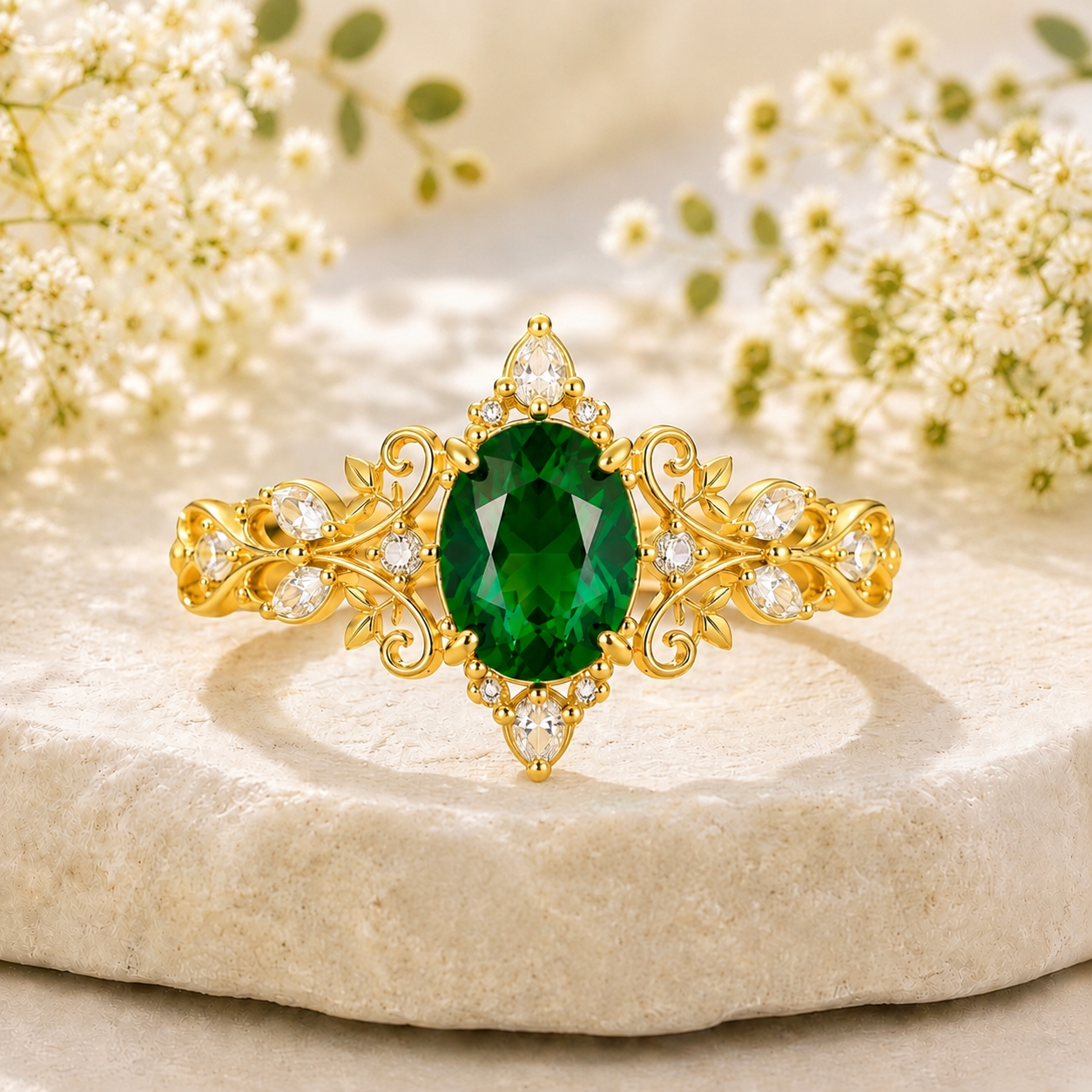 Oval Green Emerald Vine Ring