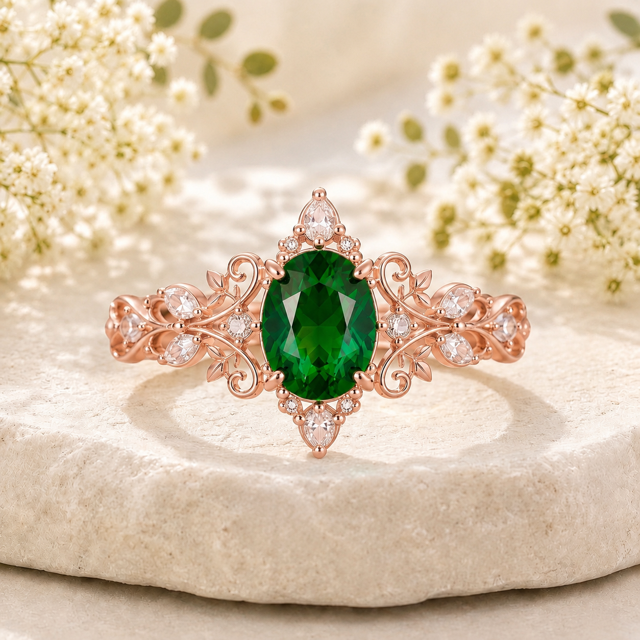 Oval Green Emerald Vine Ring
