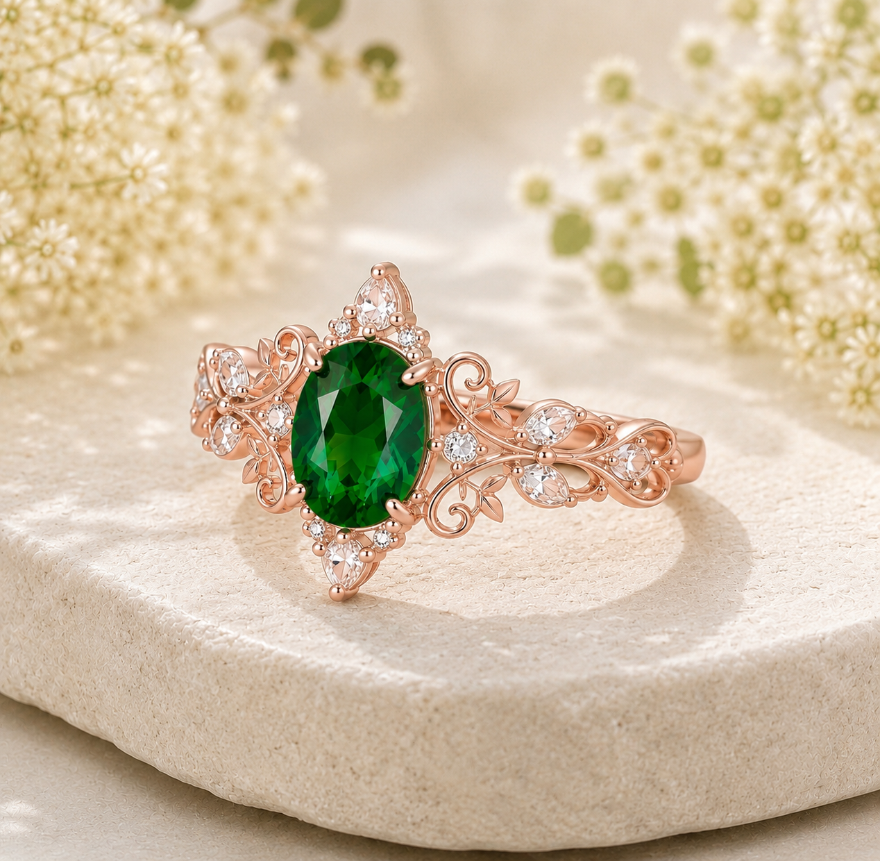 Oval Green Emerald Vine Ring
