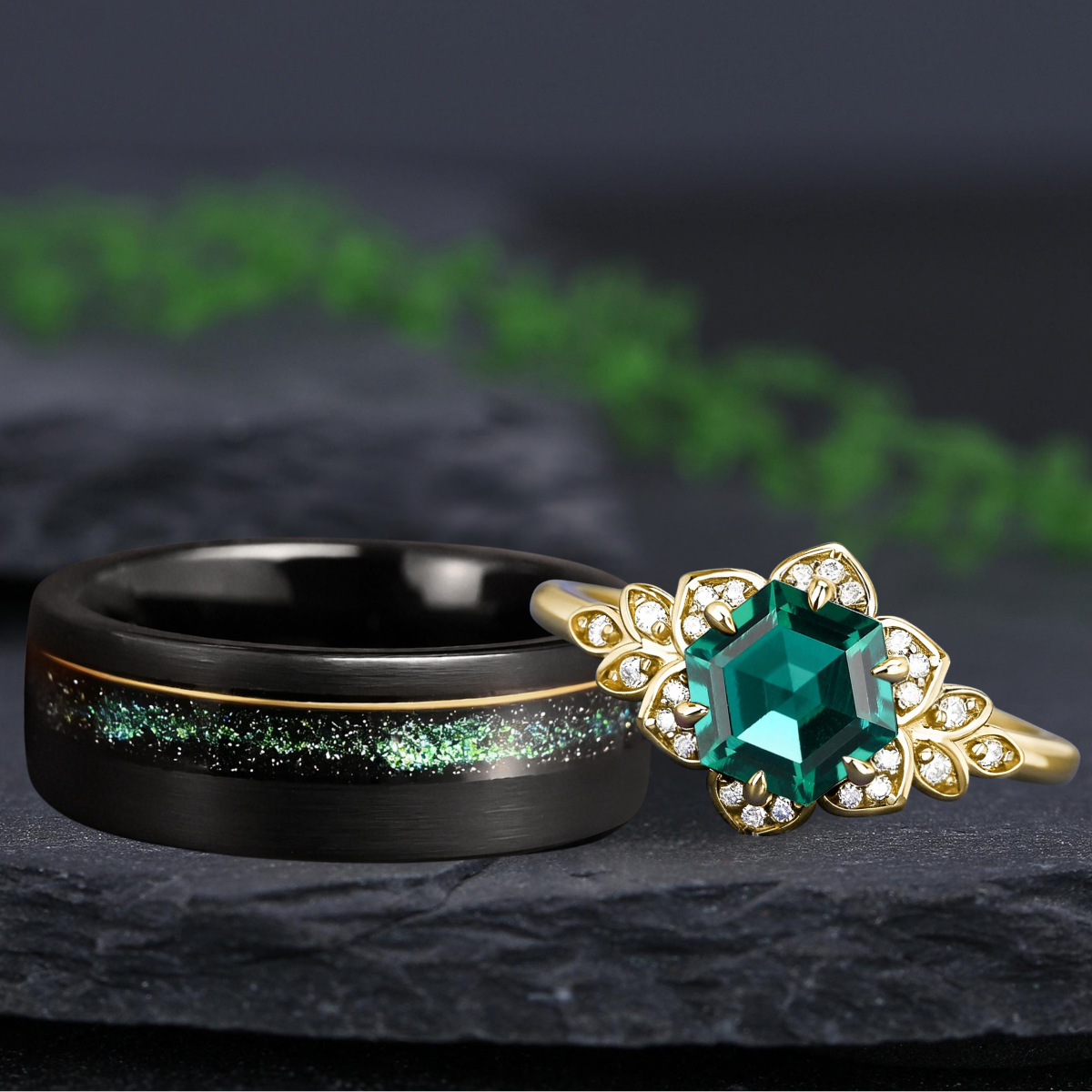 Hexagon Cut Black Emerald Gold Couple Rings Tungsten Wedding Band Promise Ring