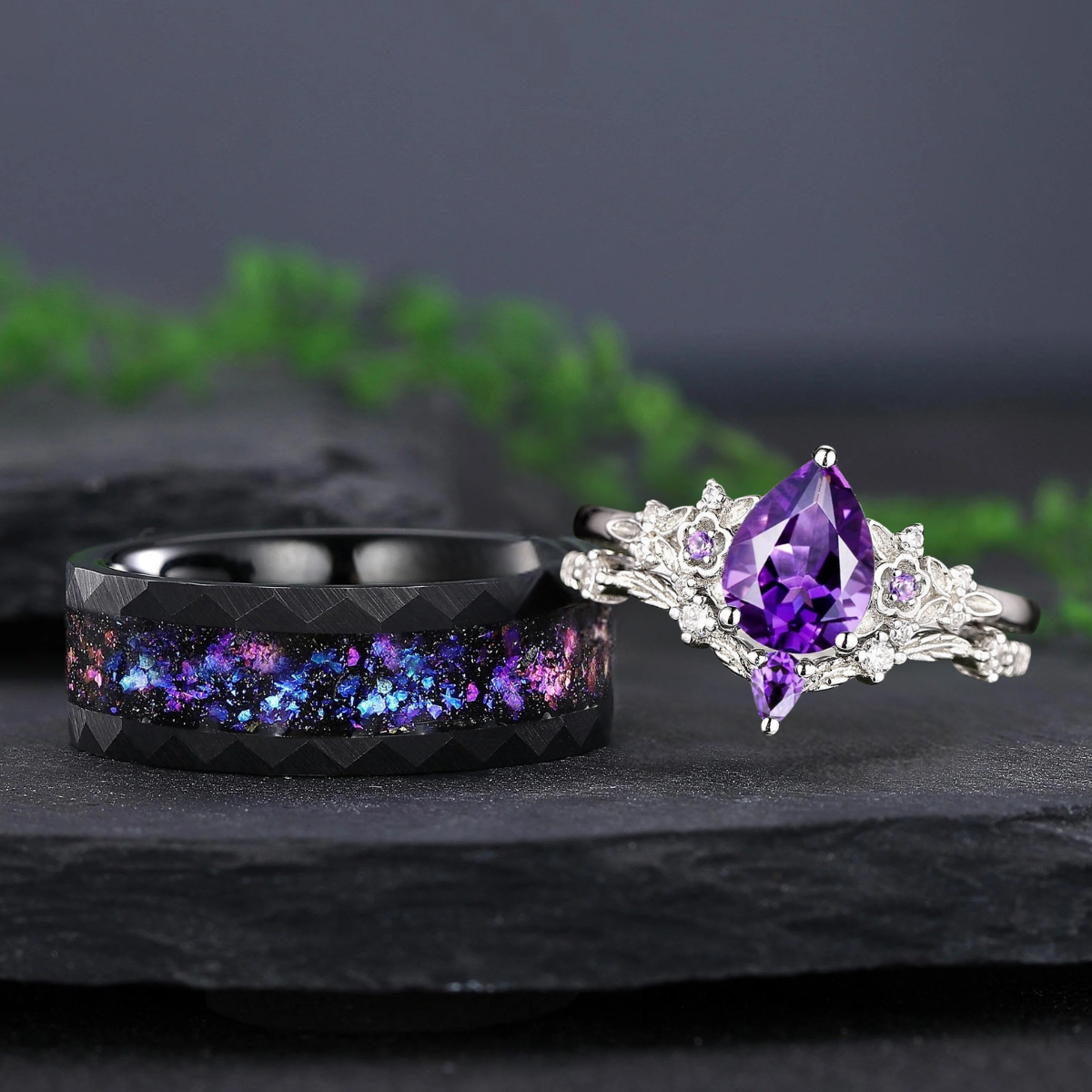 Floral amethyst couple ring sets leaf engagement rings his and hers wedding band ring