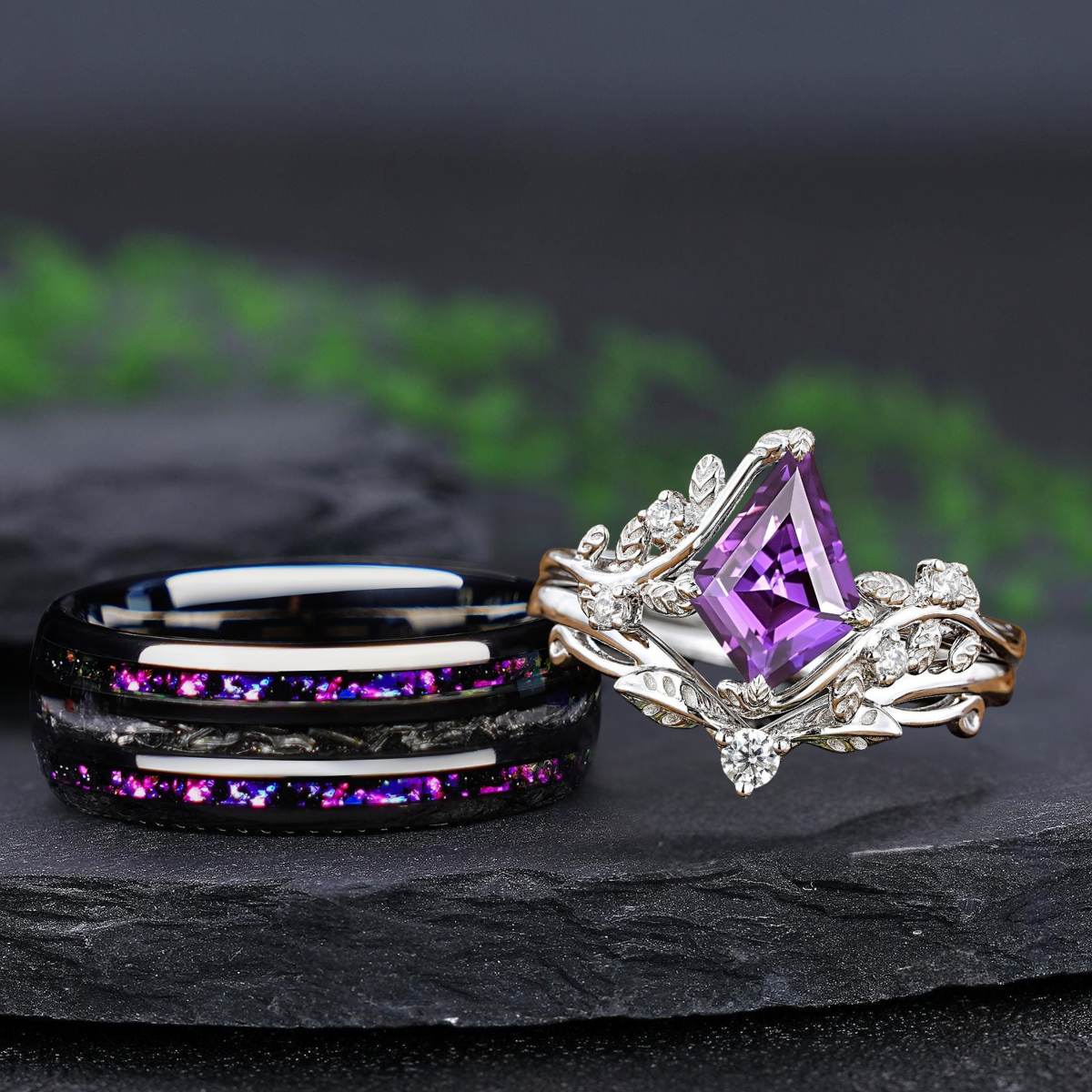 Leaf Floral Kite Cut Amethyst Vine Couple Rings Gold His & Her Matching Rings