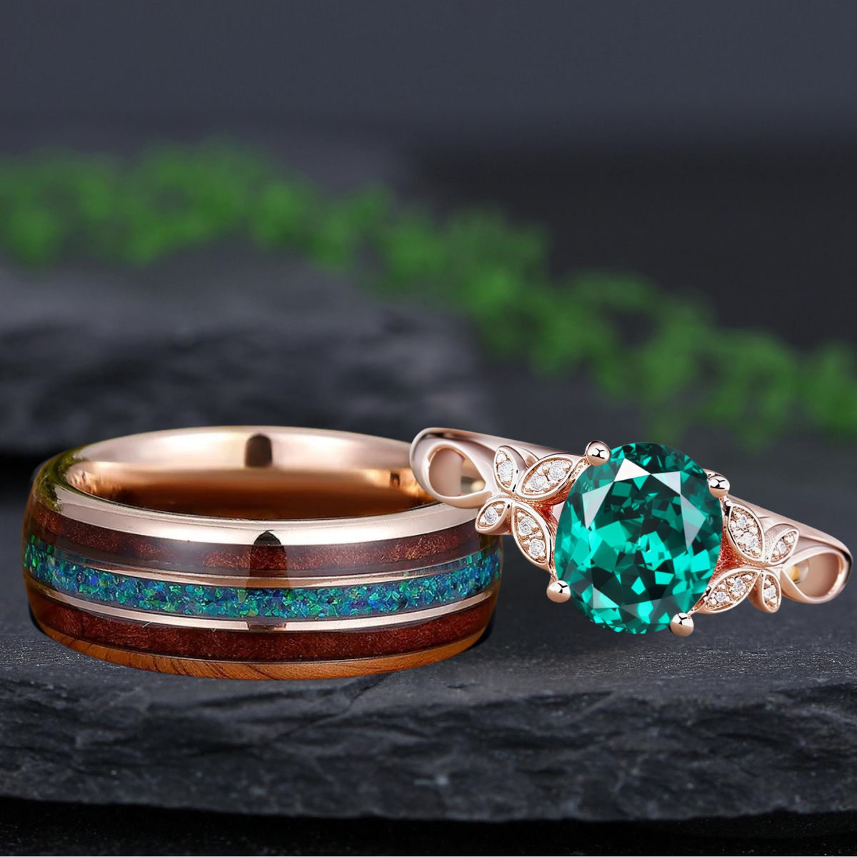 Oval Cut Fantasy Inspired Floral Leaf Bridal Set Unique His and Hers Rings Couple Ring