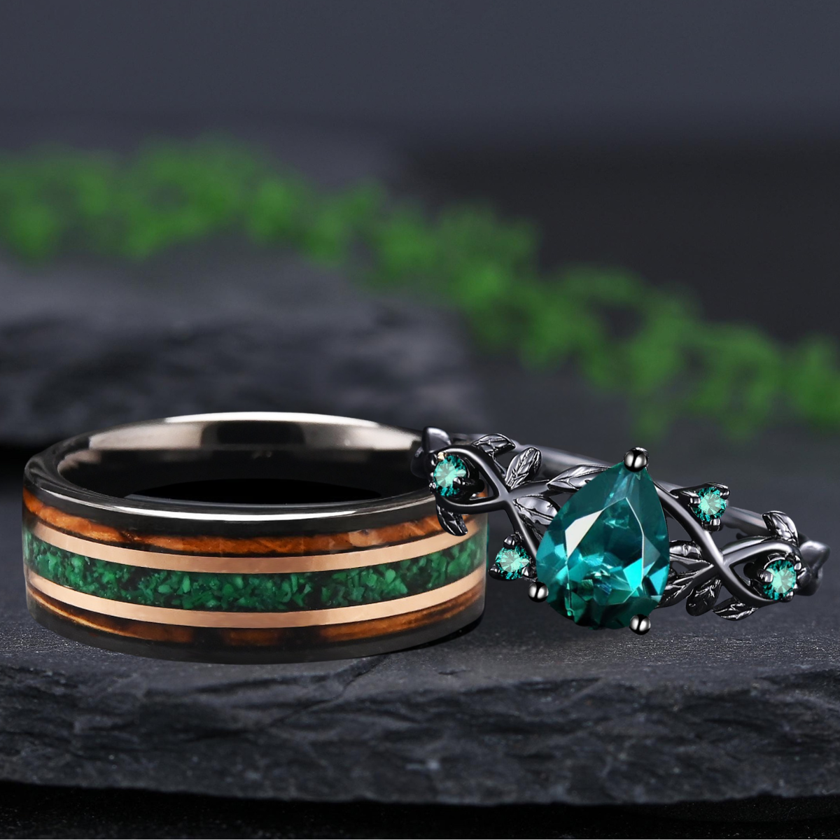 Unique Pear Emerald Couple Rings Gothic Black Gold His&Her Emerald Matching Wedding Band Men's Tungsten Ring Leaf Design Engagement Ring