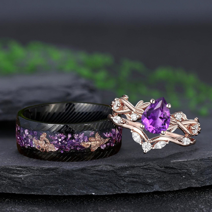 Vintage Pear Cut Amethyst Art Deco Couple Ring Set His and Her Matching Rings