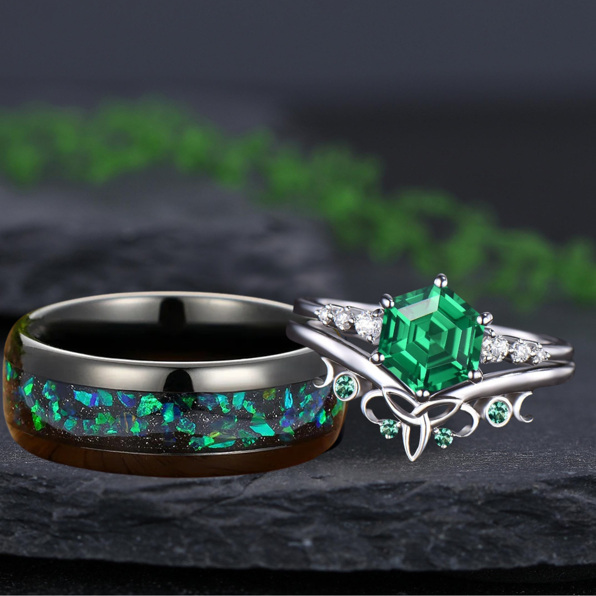 Vintage Emerald Bridal Set Green Opal Tungsten Unique His and Hers Rings Couple Ring
