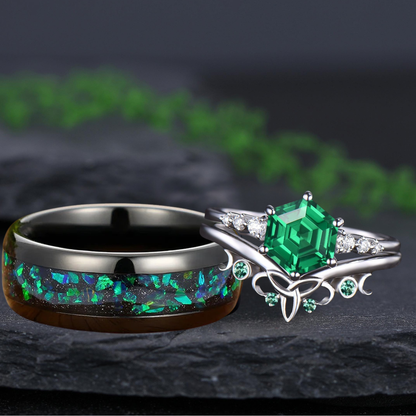 Vintage Emerald Bridal Set Green Opal Tungsten Unique His and Hers Rings Couple Ring