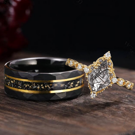 Black Rutilated Quartz Couple Ring Set His and Her Wedding Band Vintage Art Deco Engagement Ring matching rings