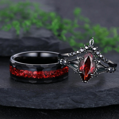 Marquise Red Couples Ring Set Garnet Engagement Ring Set Black Gold Couple Rings Tungsten Wedding Band Promise Ring for Her