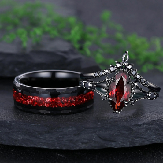 Marquise Red Couples Ring Set Garnet Engagement Ring Set Black Gold Couple Rings Tungsten Wedding Band Promise Ring for Her