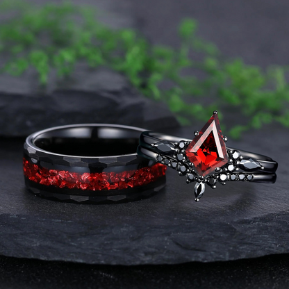 Red Couples Ring Set Garnet Engagement Ring Set Black Gold Couple Rings Tungsten Wedding Band Promise Ring for Her