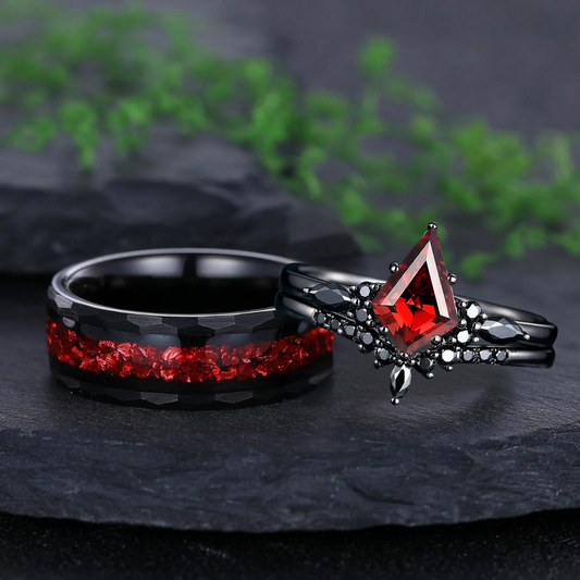 Red Couples Ring Set Garnet Engagement Ring Set Black Gold Couple Rings Tungsten Wedding Band Promise Ring for Her