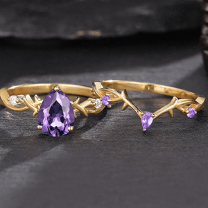 Amethyst Gold Vine Couple Rings Gold His & Her Matching Rings Men's Tungsten Couple Rings - anerjuly