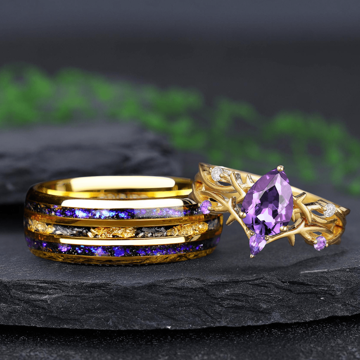 Amethyst Gold Vine Couple Rings Gold His & Her Matching Rings Men's Tungsten Couple Rings - anerjuly