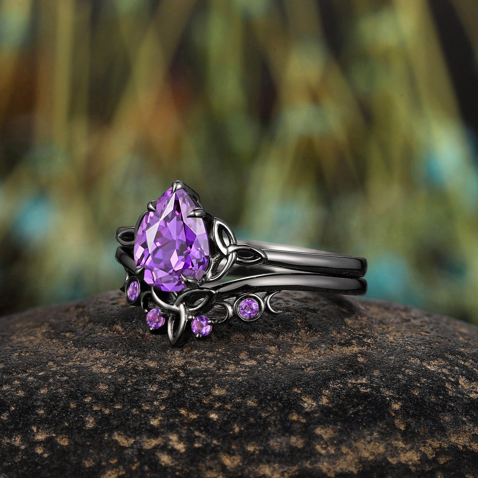 amethyst Pear Cut wedding ring black gold couple ring set promise rings his and her rings - anerjuly