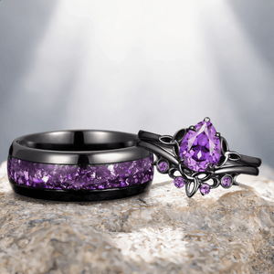 amethyst Pear Cut wedding ring black gold couple ring set promise rings his and her rings - anerjuly