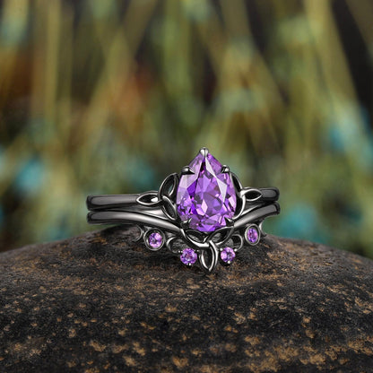 amethyst Pear Cut wedding ring black gold couple ring set promise rings his and her rings - anerjuly